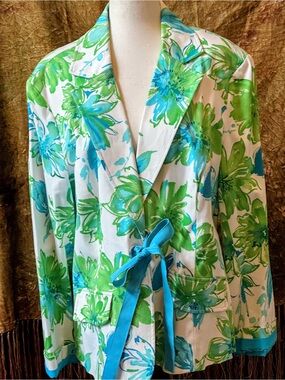 NY Collection Green & Blue Floral Tie-Front Robe Jacket